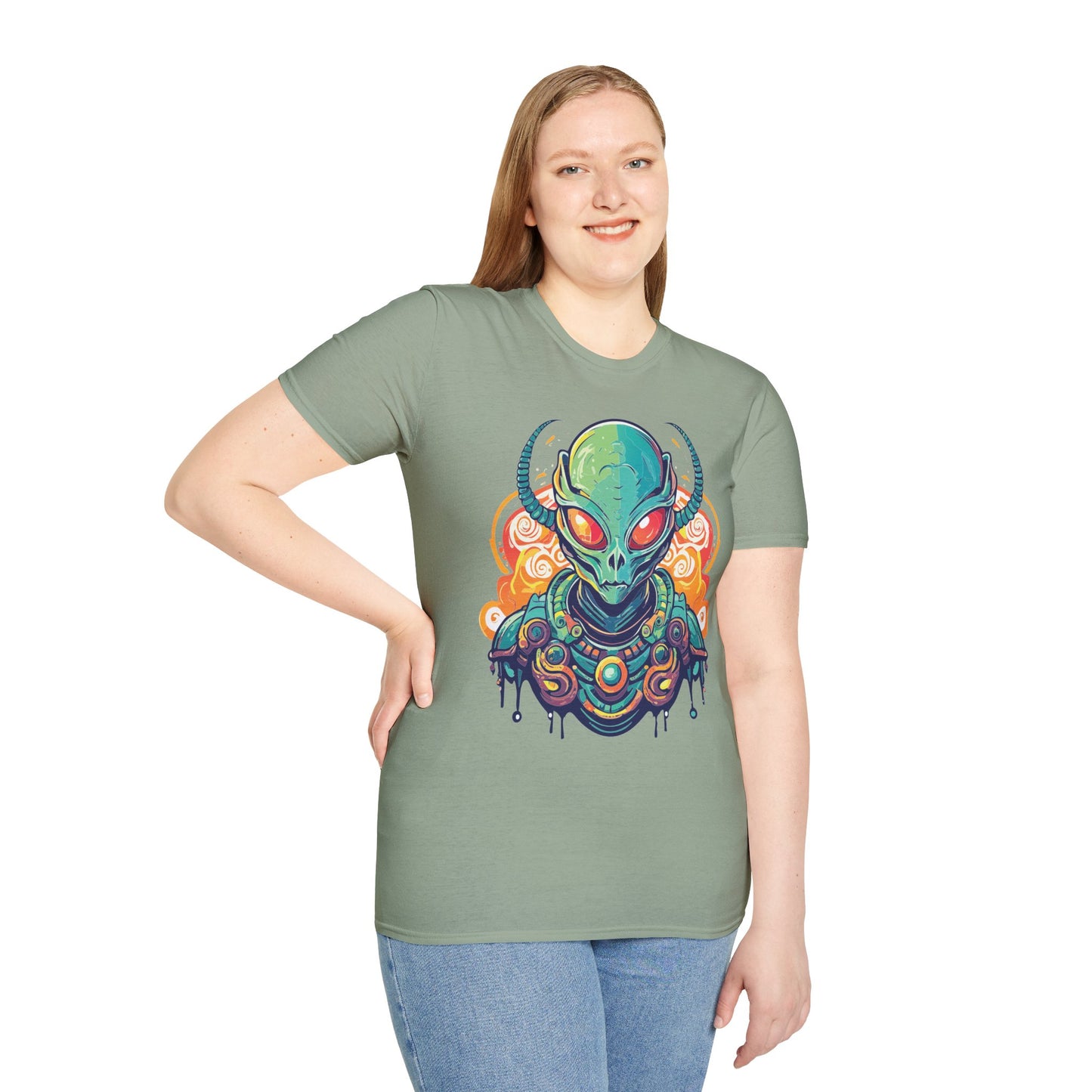Cosmos Alien T Shirt Unisex Softstyle Cotton Tee With Space Artwork Graphic Design