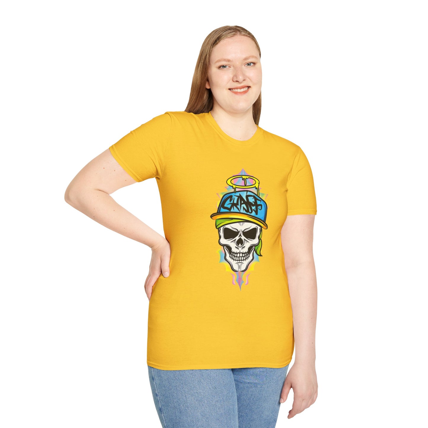 Unisex Skull Graphic Tee Shirt With Skeleton Design Softstyle 64000 100 Percent Ring Spun Cotton