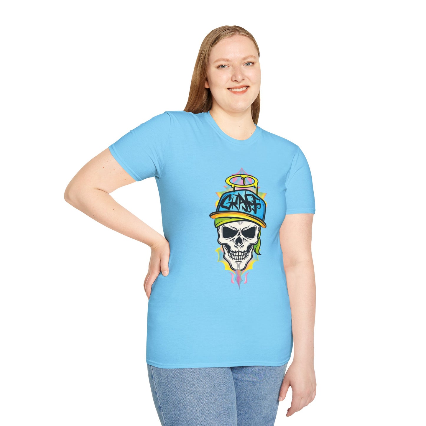 Unisex Skull Graphic Tee Shirt With Skeleton Design Softstyle 64000 100 Percent Ring Spun Cotton
